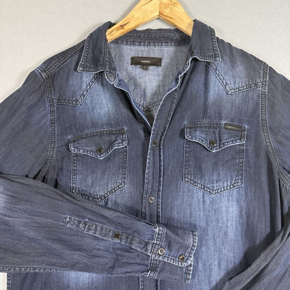 Diesel Men Denim Shirt Large Fitted Blue Snap Western Long Sleeve Distressed
